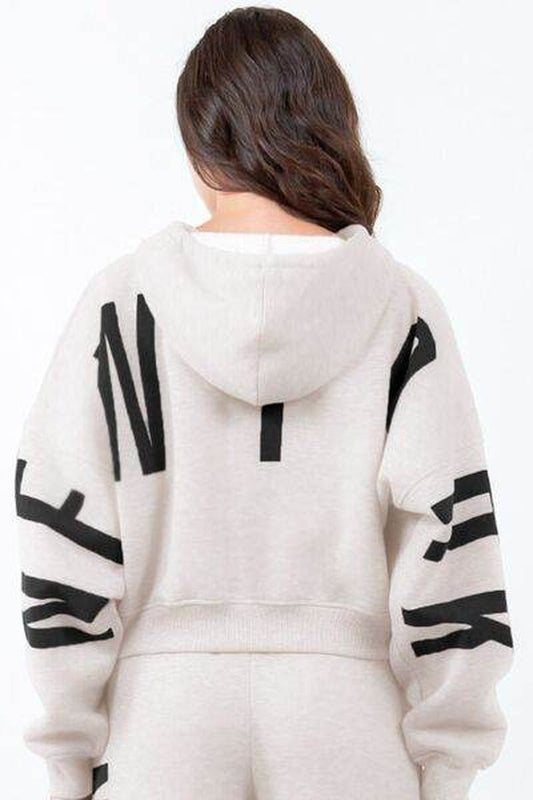American Bazi Letter Graphic Long Sleeve Drawstring Cropped Hoodie - Nova Threads