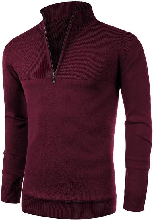 Mens Slim Fit Zip up Mock Neck Polo Sweater Casual Long Sleeve Sweater and Pullover Sweaters with Ribbing Edge - Nova Threads