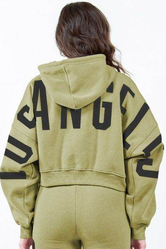 American Bazi Letter Graphic Long Sleeve Drawstring Cropped Hoodie - Nova Threads