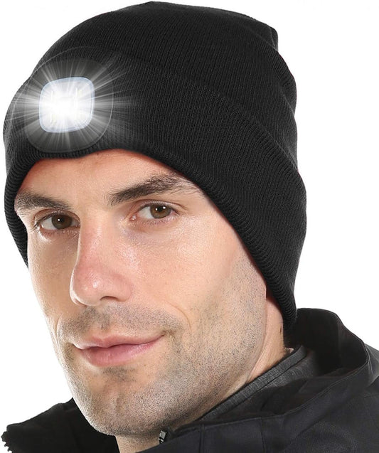LED Lighted Beanie, Unisex Warm Knitted Hat, Rechargeable Headlamp Cap for Outdoors, Tech Gift for Men Dad Father Him - Nova Threads